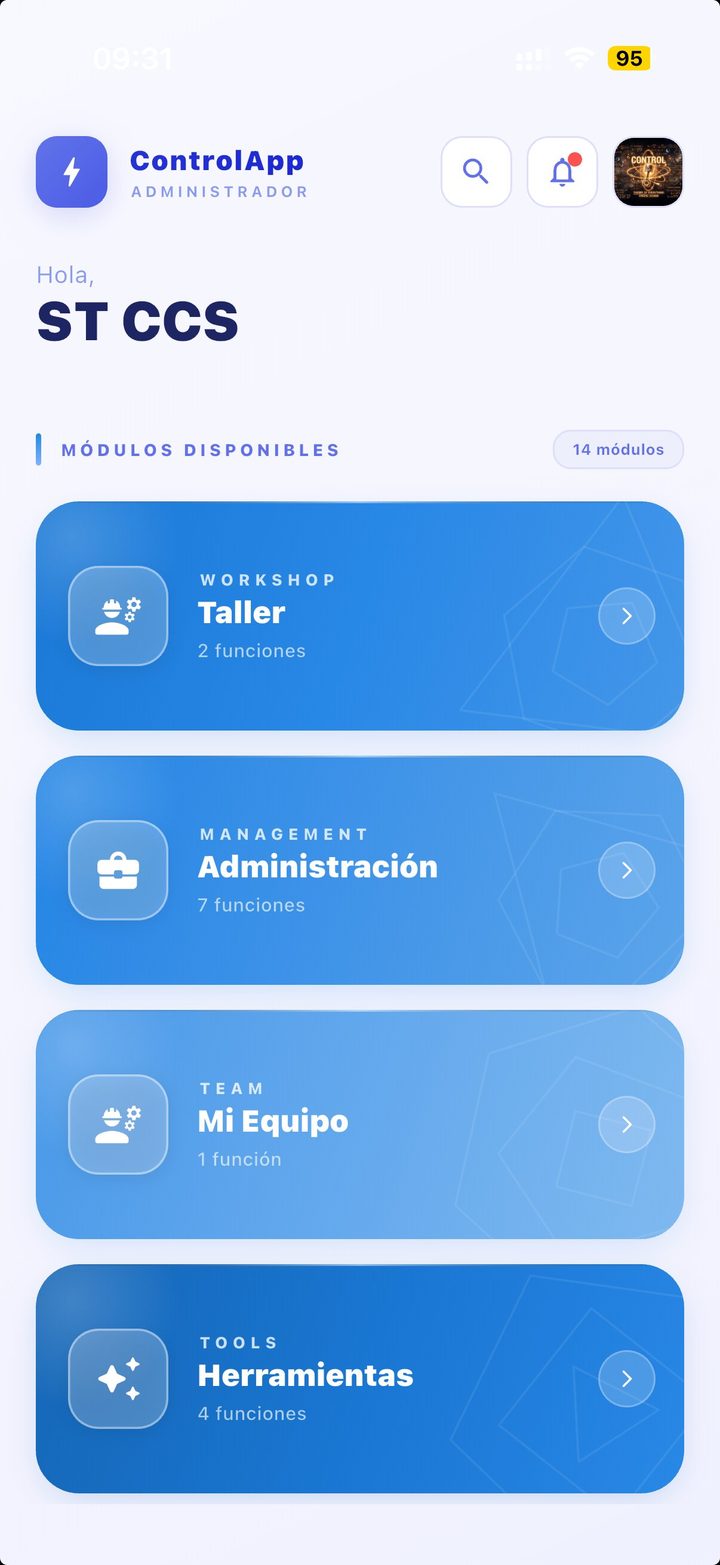 Inicio de ControlApp con los módulos del negocio